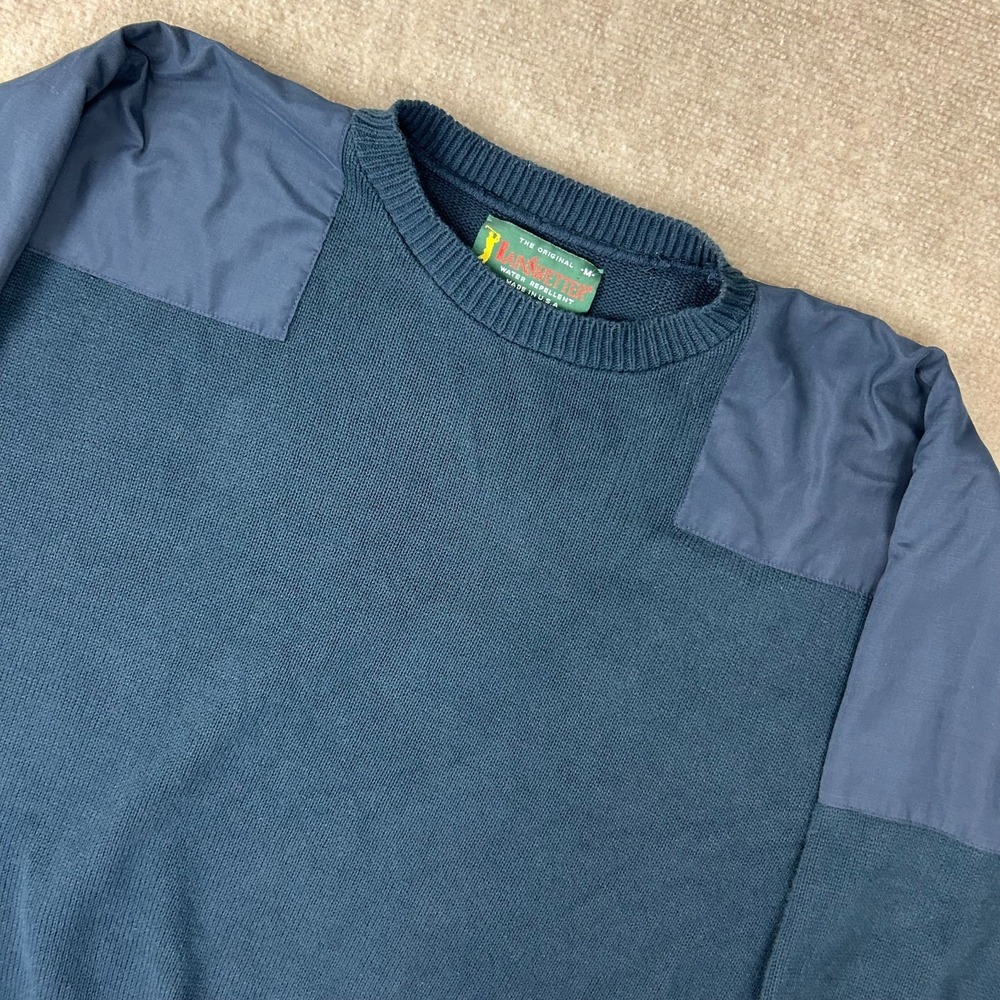 Rain‎ Swetter Sweater Mens Medium Navy Blue Tight Knit Crew Neck Water Repellent